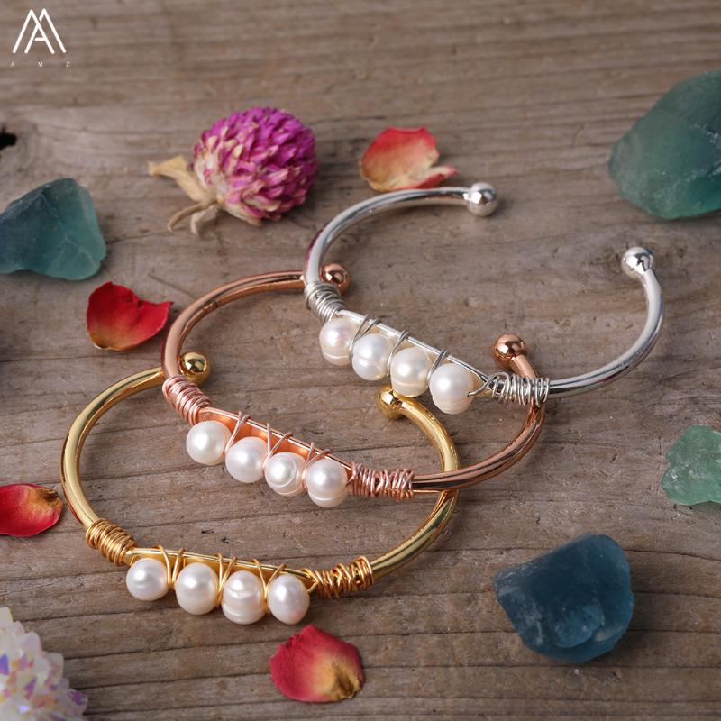 

Rose Gold Silvery Copper Wire Wrap White Pearl Chip Beads Open Bracelet Fashion Women Pearl Bangle Jewelry
