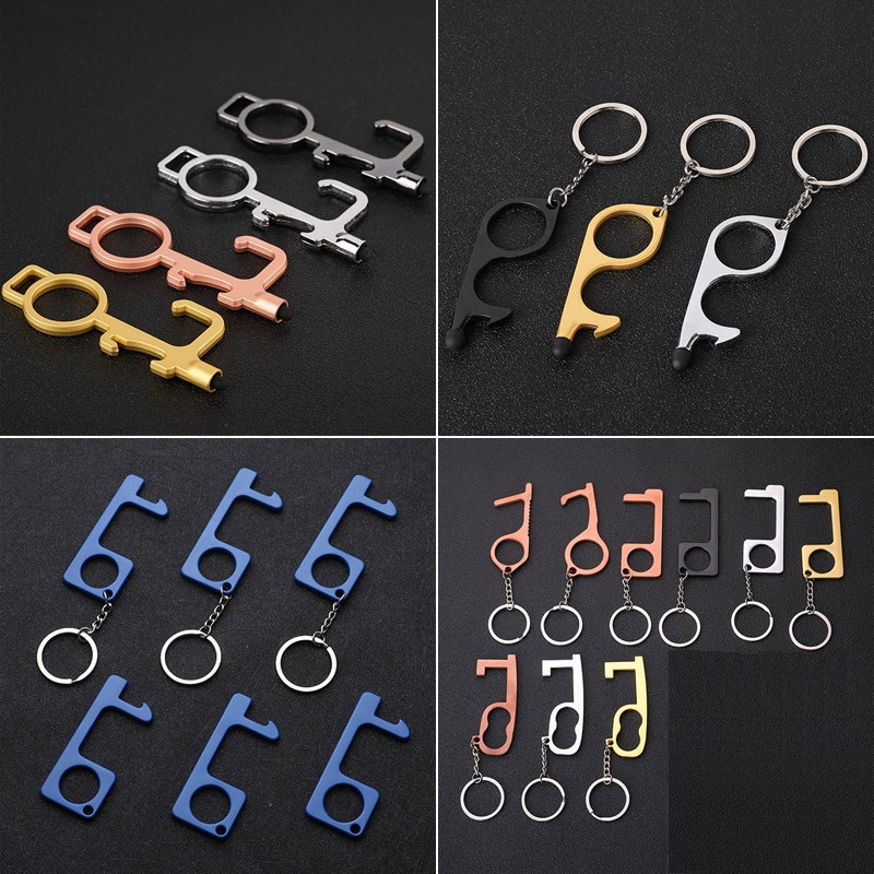 

Polychromatic Metal Safety Touchless Door Opener Stylus Key Hook metal Hands Free Door Handle Opener Tool Keychain with silicone head A2167