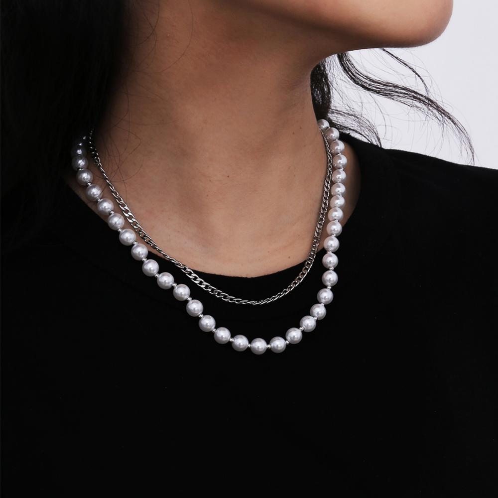 

Lacteo Dark Gothic Stainless Steel Long Clavicle Chain Choker Necklace Fashion Multi Layered Imitation Pearl Necklace for Women