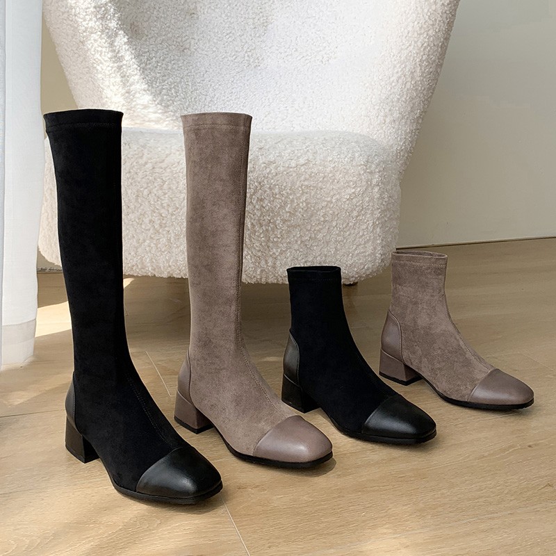 

Sock boots stretch fabric shoes women knee high long boots winter new middle block heels ankle 2020 black plus size 34-43, Khaki short tube