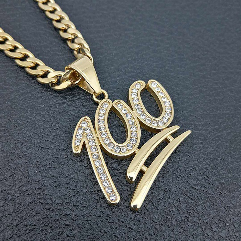 

Hip Hop Rhinestones Paved Bling Iced Out Stainless Steel 100 Points Pendants Necklaces for Men Rapper Jewelry with Cuban Chain