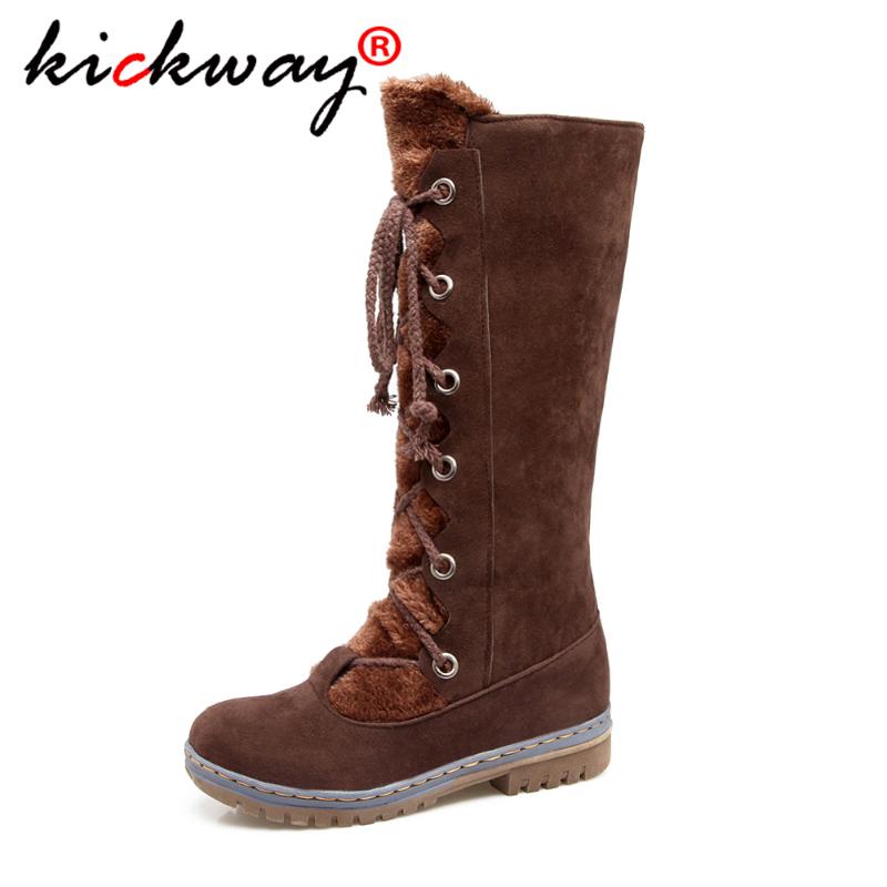 

Women Knee High Boots Winter Faux Suede Leather Flat Heel Boots Female Lace-up Shoes Round Toe Black Brown Plus Size 34-46