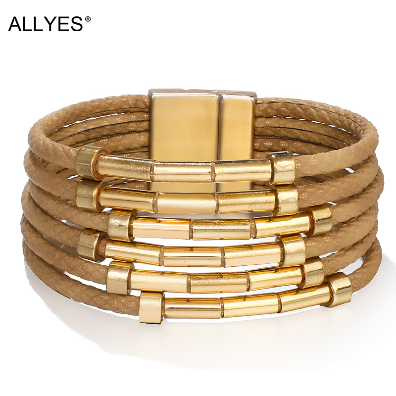 

ALLYES Genuine Leather Bracelets for Women Metal Charm Ladies Boho Multilayer Spots Wide Wrap Bracelet Femme Jewelry
