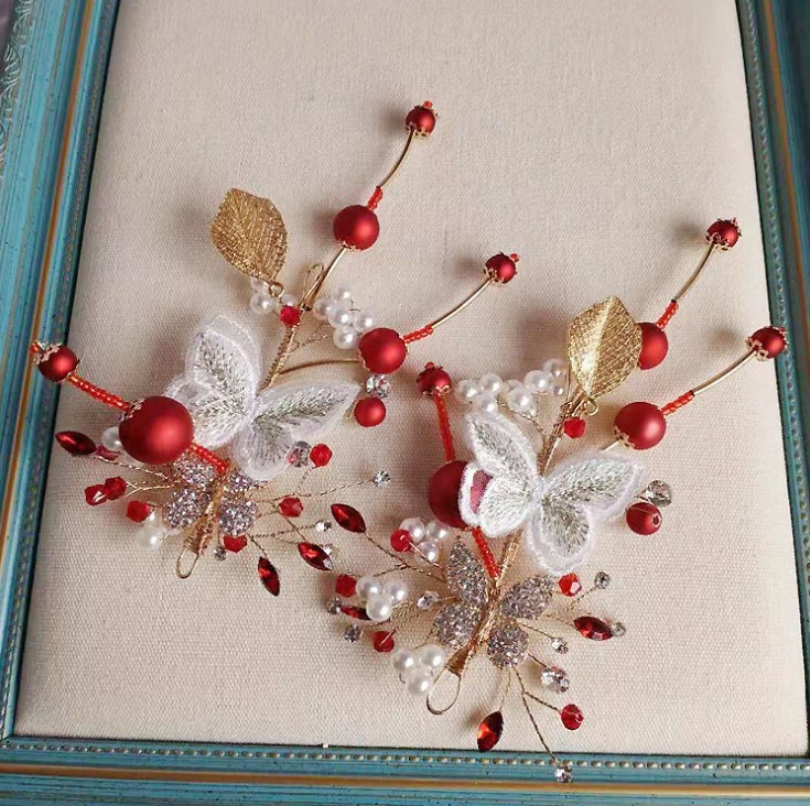 

1 pair Chinese Classic Red pearl White Butterfly Hair Pins Princess Wedding Hair Accessories Clip women Jewelry