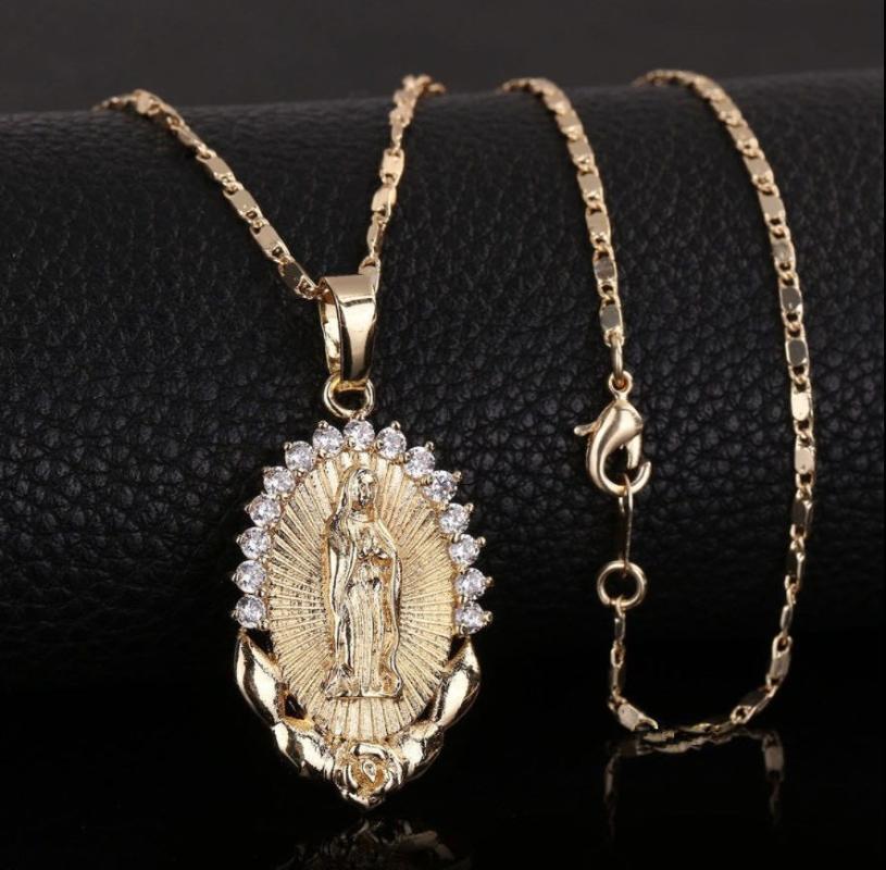 

Holy Virgin Mary Pendant Necklace Religion Dainty Golden Christian Cubic Zircon Necklace Women Collier Femme Christian Jewelry
