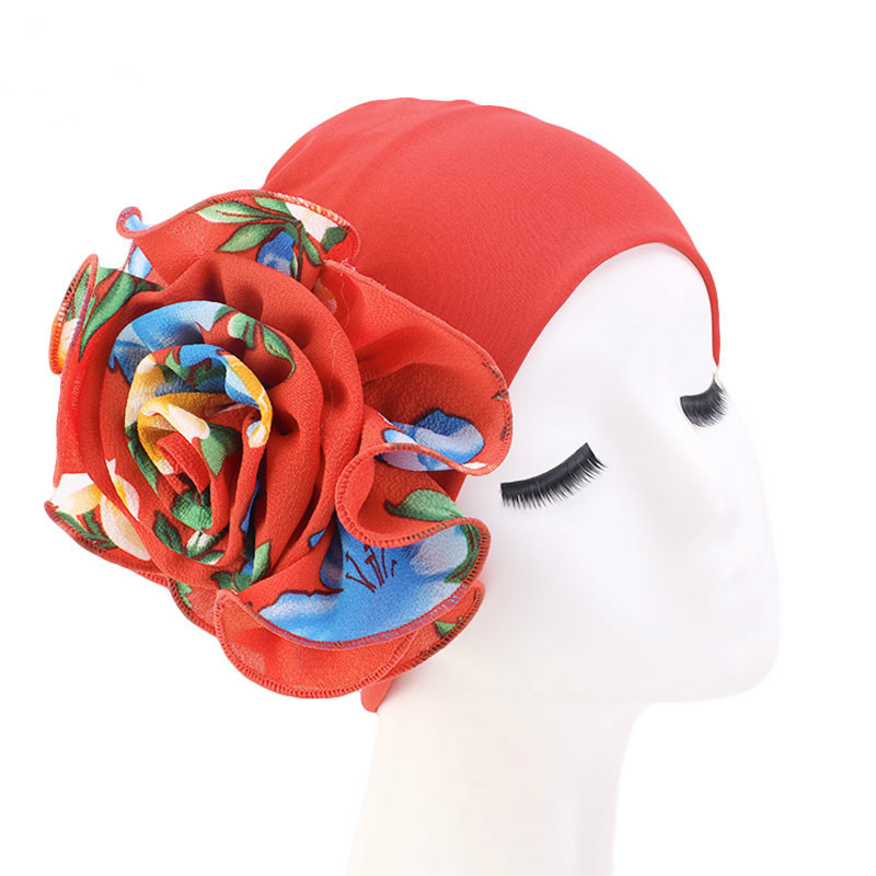 

New double-layer stretch fiber cloth clothing big flower chemotherapy hat, White