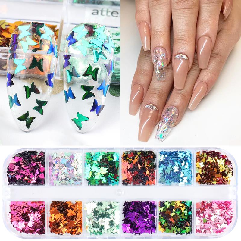 

12 Grids Holographic Nail Art Sequins Mixed Colors Butterfly Nail Glitter Paillette 3D Flakes Slices Manicure Decorations TRSHD
