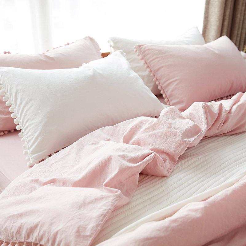 

30 Wihte Pink Bedding Sets With Washed Ball Decorative Microfiber Fabric Queen King Duvet Cover Pillowcase Comfortable, Style 07