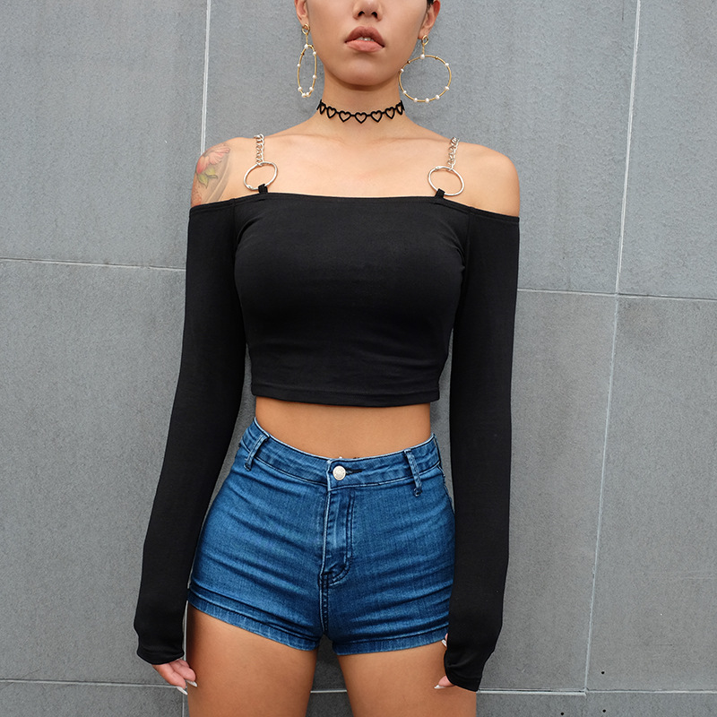 

2020 Fashion Trend Women' Sexy Slim T-shirt Metal Chain Off Shoulder Exposed Belly Button Top Long Sleeve Autumn Casual Tees, As pic