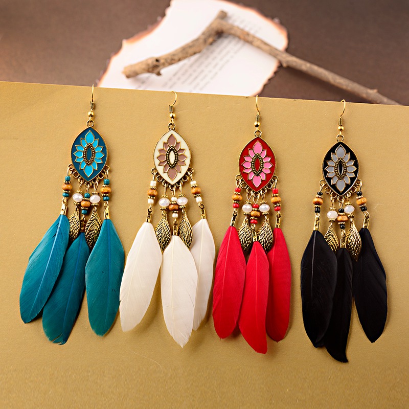 

2020 Ethnic Lotus Metal Earrings For Women Tibetan Jewelry Vintage Boho Colorful Long Feather Earrings Beads Tassel