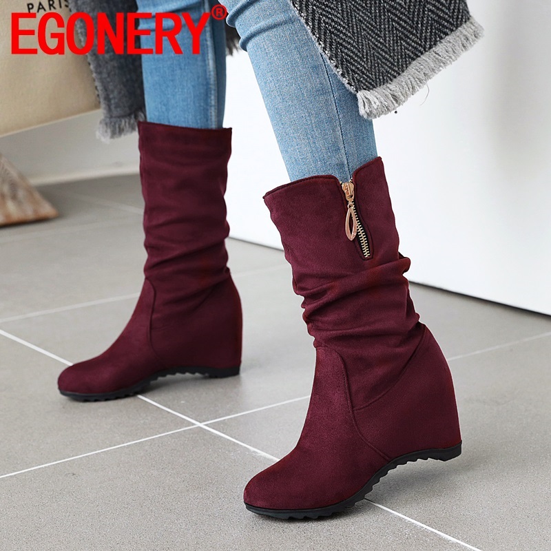 

EGONERY winter new concise mid calf boots outside casual high heels round toe flock zipper women shoes drop shipping size 33-44, Black