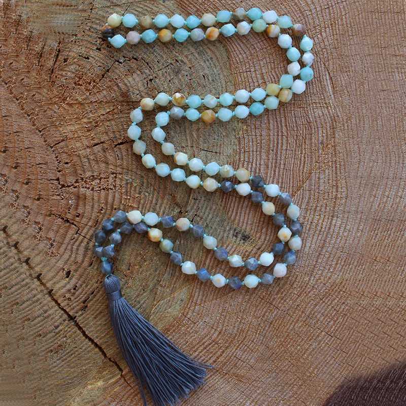 

108 Amazonite & Labradorite Necklaces Mala Beads Hand Knotted Necklace Star Cut Beads With Tassel Jeweley Necklace For Women