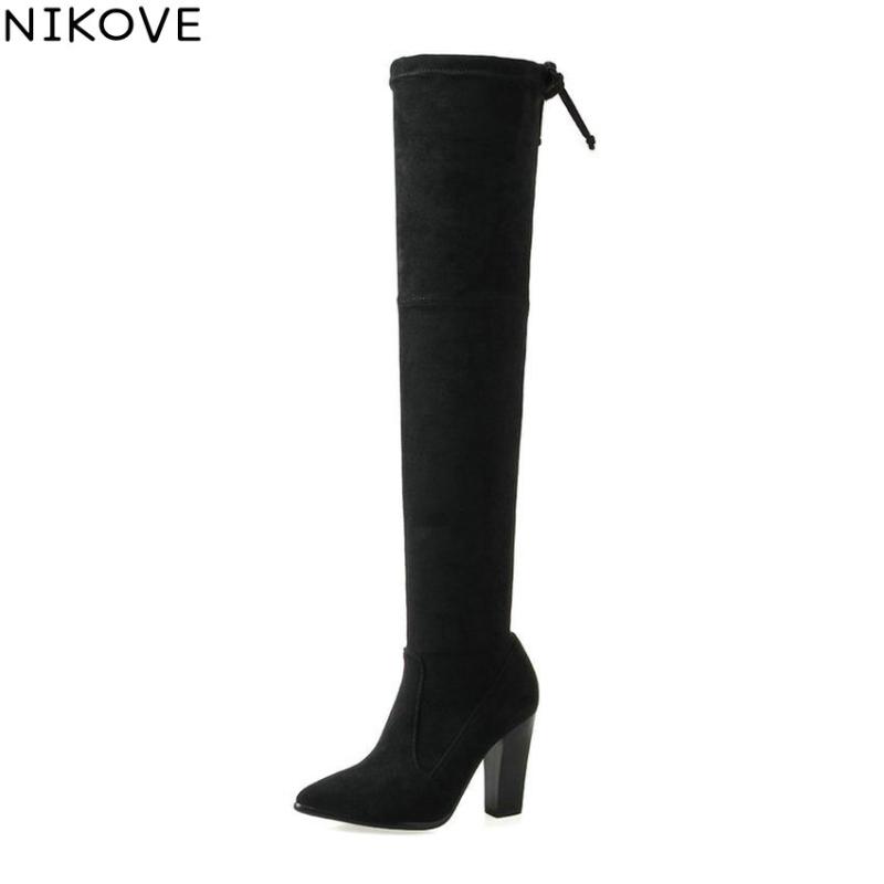 

NIKOVE 2020 Over The Knee Boots Zip Pointed Toe Women Boots Stretch Fabric +Real Leather Skintight Sexy Lady Size 34-39, Black