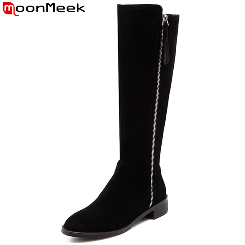

MoonMeek 2020 new arrival knee boots round toe zip suede leather botos med heels ladies autumn winter boots black ladies shoes