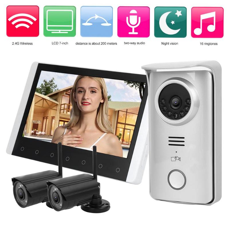

videoportero Video Intercom 7in TFT LCD Doorbell 2.4G Wireless Swipes Card Night Vision Visual Doorphone with 2 Surveillance