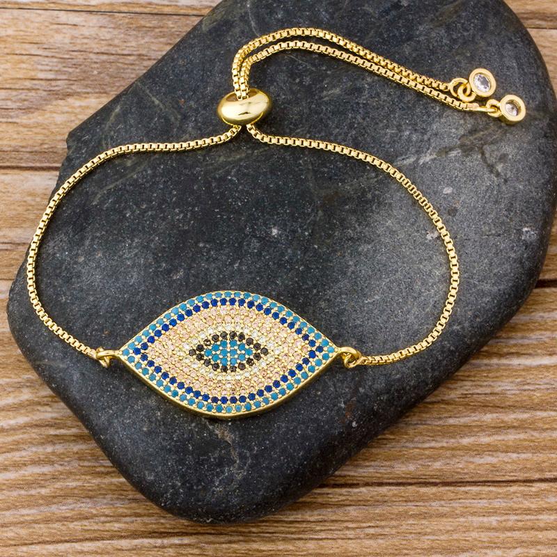 

Trendy Turkish Gold Evil Eye Bracelet Micro Pave CZ Classic Blue Eye Gold Chain Bracelet Adjustable Female Best Party Jewelry