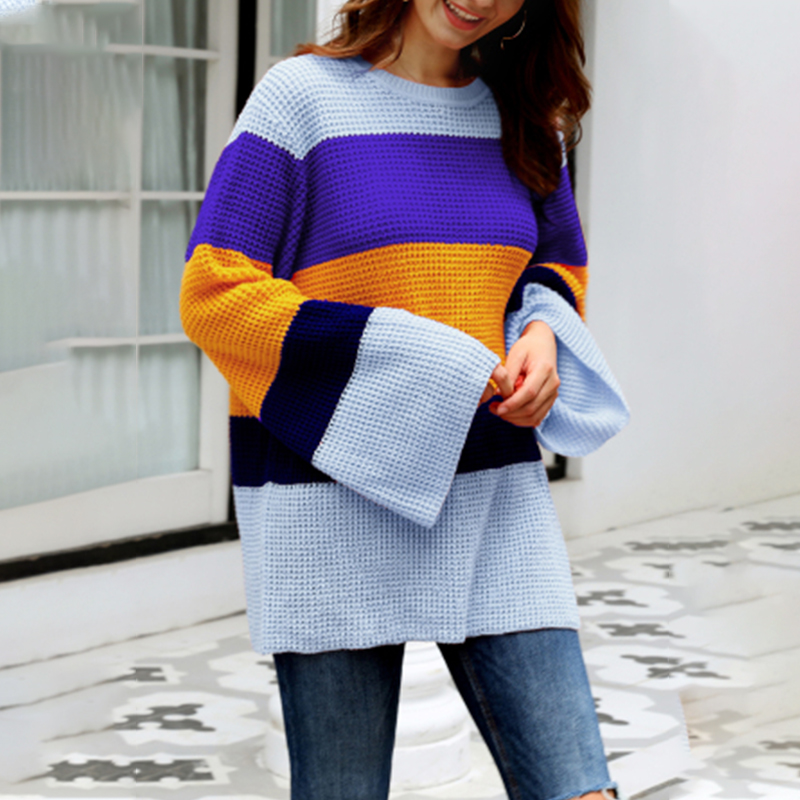 

2020 New Autumn and Winter Women' Fashion Long Sleeve Warm Striped O-Neck Patchwork Pullover Vintage Minimalist Casual Sweaters, Blue
