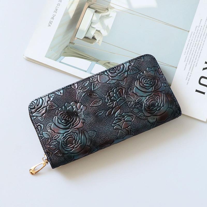 

Factory wholesale women handbag embossed flower womens wallet retro leather long wallets multifunctional contrast leathers storage walletes, Blue22(boutique box)