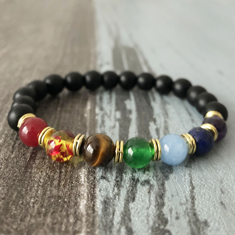 

mens chakra bracelet yoga 7 chakra stones bracelet balance healing stone wrist Matte Black Onux Chakras Unisex