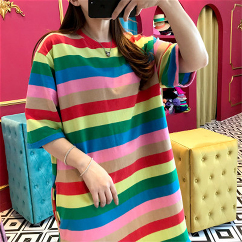 

2020 New Chic Fashion Stripped Colorful Young Korean Style Patchwork Ins Fresh&sweet Girl Maxi Dress Loose Casual Vestido, Yellow