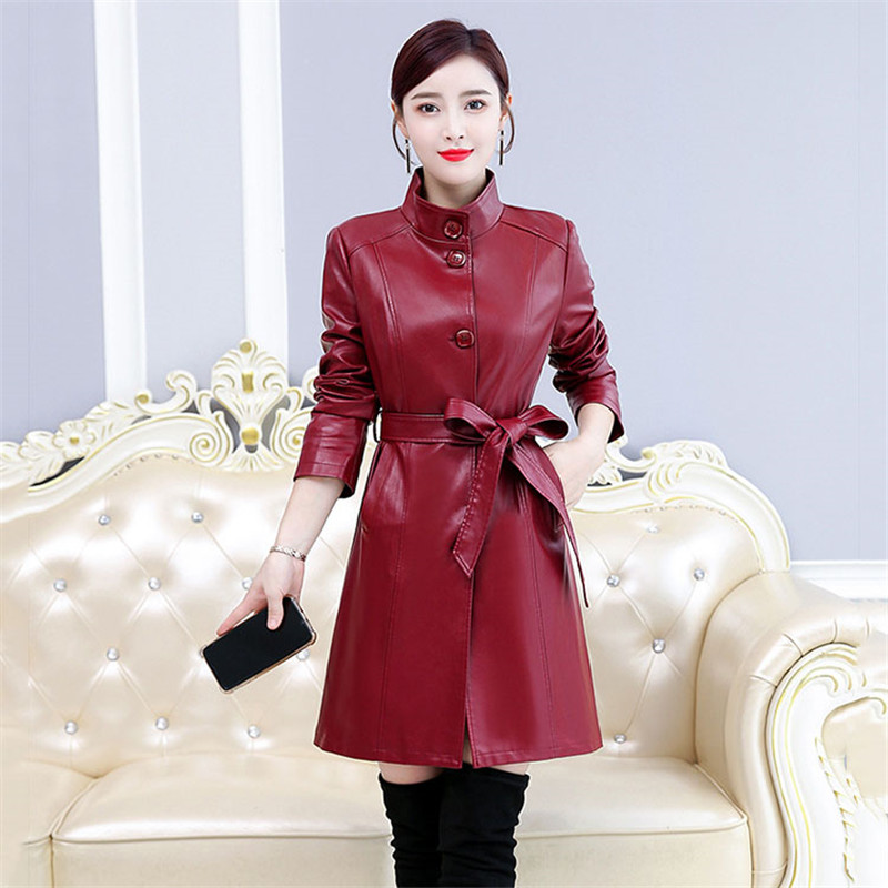 

2020 Spring Autumn Real Leather Coat womens Plus Size Stand collar Long Parker Women Windbreaker Jacket Female Belt jacket 763, Black