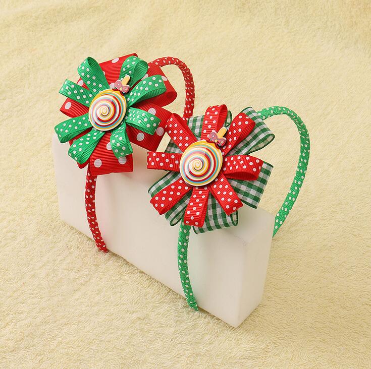 

90pcs DHL Free shipping 2020 Christmas Ribbon Flower with Lollipop Xmas Headwear