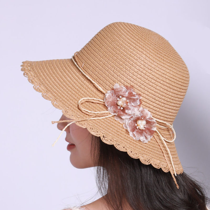 

Laciness Women Straw Hats With Ribbon Floral Pearl Decorate Beach Caps Casual Adult Solid Ladies Sun Cap Foldable Bucket Hats, Khaki