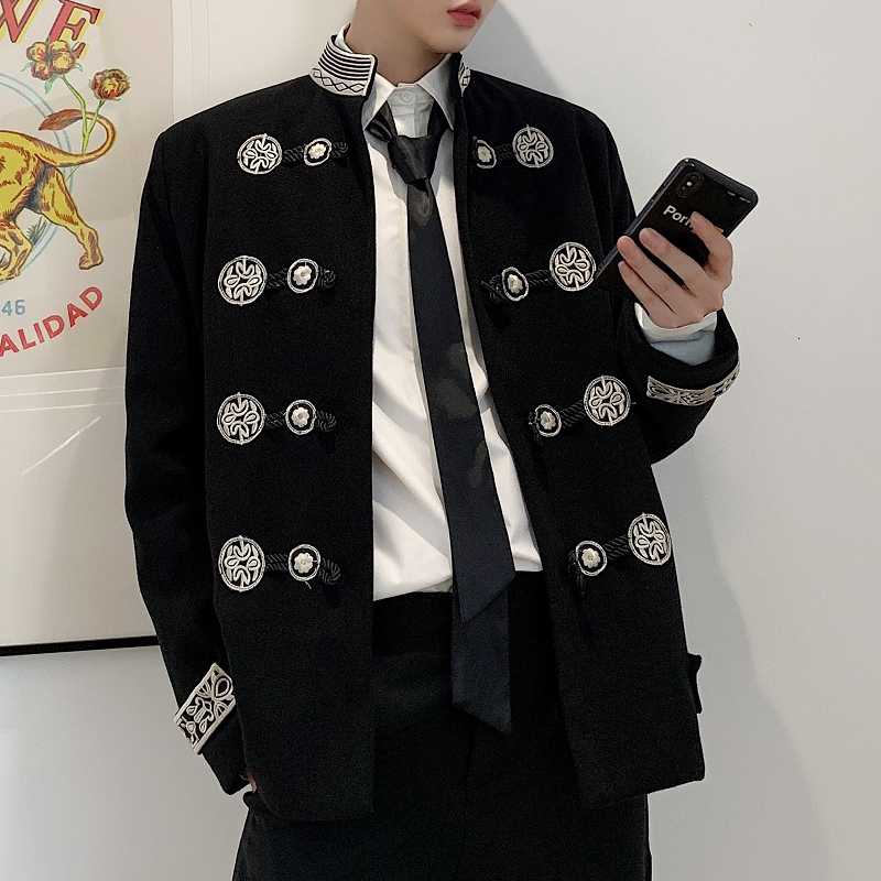 

Blazer Coat Gothic Men Vintage Embroidery Stand Collar Loose Casual Suit Jacket Male Streetwear Hip Hop Outerwear Stage Clothes, Black