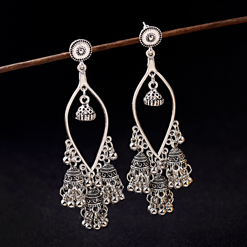 

Women's Long Jhumka Earrings Tibetan Jewelry Water Drop Shape Three Bells Tassel Carved Tribe Earrings Turkey Bijoux