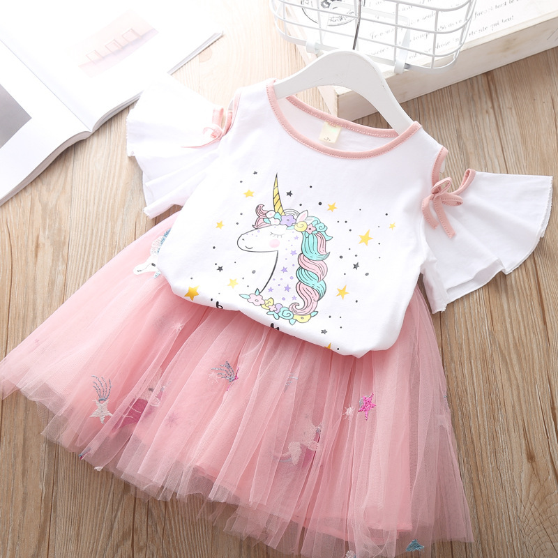

Hot Summer Children's Clothing Sets Girls Embroidered Cartoon Unicorn T-shirt And Rainbow Skirt Suit Kids Short Sleeve Clothes Sets, White