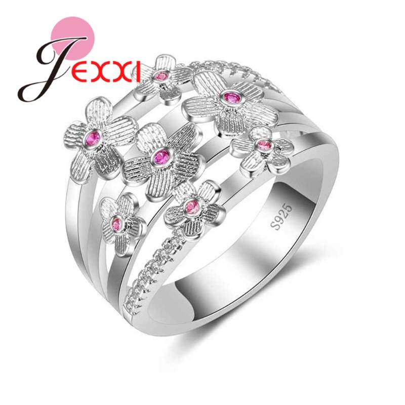 

Punk Style Wide Finger Flowers Rings 925 Sterling Silver Jewelry with Red CZ Crystal for Women Gilrs Christmas Gift