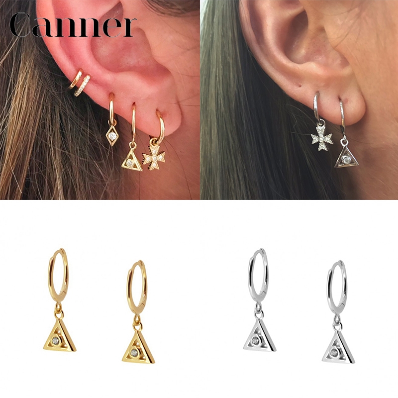

S925 Sterling Silver Hoop Earrings Zircon Triangle Earring For Women Dangle Drop Earrings pendientes W3