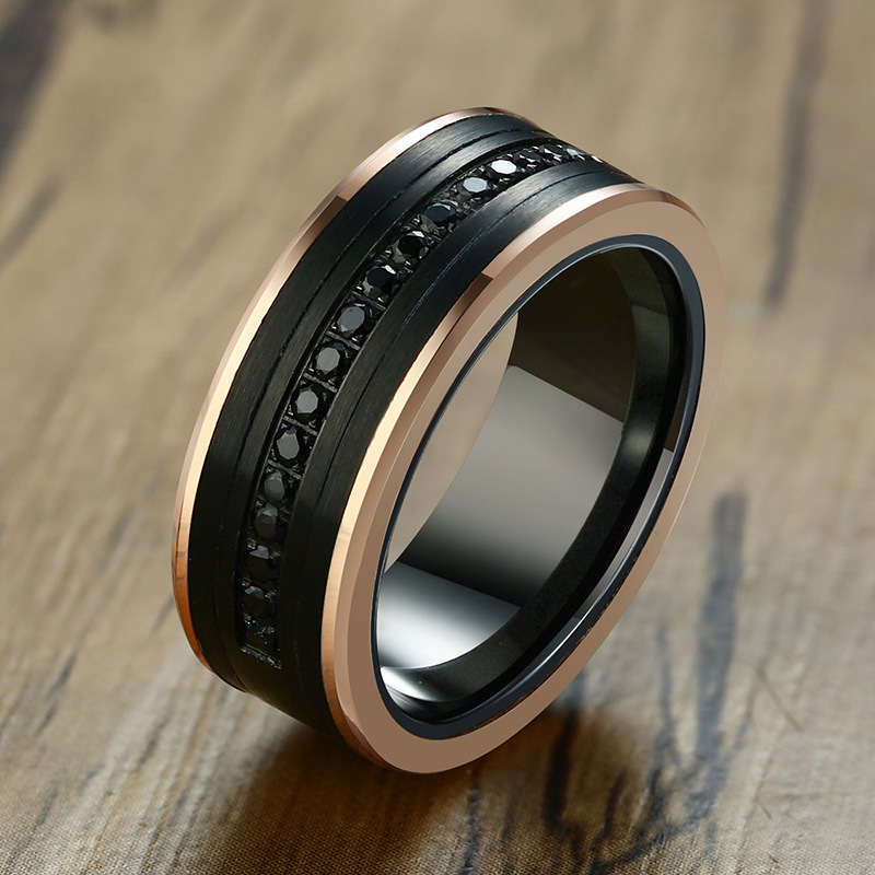 

8MM LUXURY WEDDING BAND TUNGSTEN CARBIDE RING BLACK CZ Zircon STONE ROSE GOLD SIDE MEN ETERNITY SUPER JEWELRY