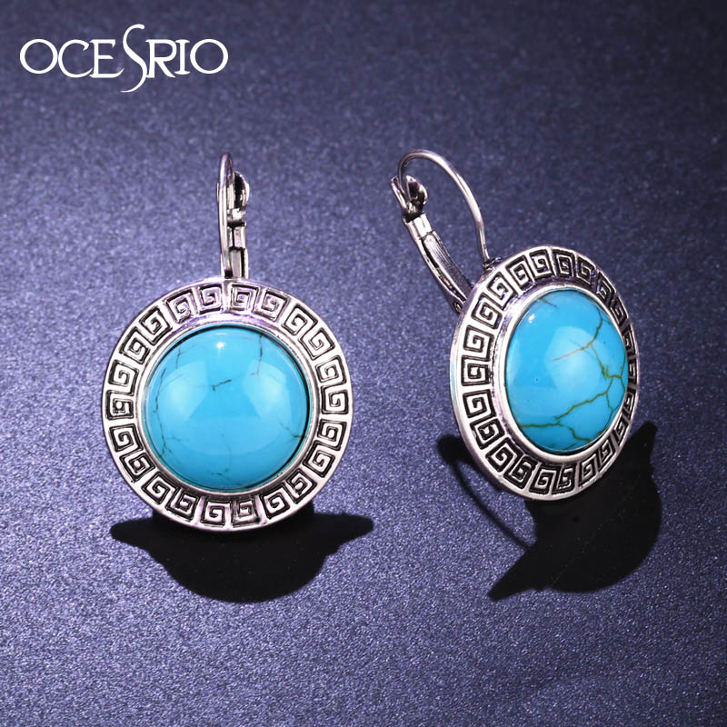 

Vintage Big Stud Earrings with Stones Leverback Tibetan Silver Color Earrings Blue Red Green Round Stone Dress ers-g49