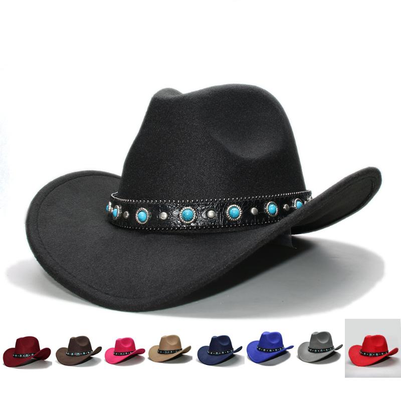 

Wide Brim Hats Retro Women Men 100% Wool Cowboy Western Cowgirl Bowler Hat Fedora Cap Turquoise Bead Vintage Leather Band 57cm/Adjust, Black