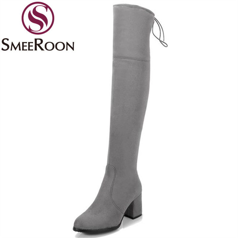 

Smeeroon thigh high boots woman look slimmer round toe flock over the knee boots zipper high quality winter womens shoes, Black