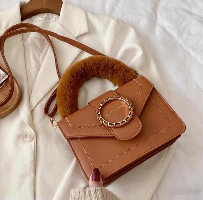 

factory wholesale women handbag new plush winter handbag street trend leather shoulder bags sweet and lovely shaped leather winter plush bag, Black;red