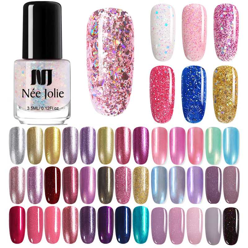 

NEE JOLIE 73 Colors Nail Polish Rose Gold Glitter Sequins Nail Art Varnish Color Polish DIY Art Lacquer 3.5ml, Thin glitter9