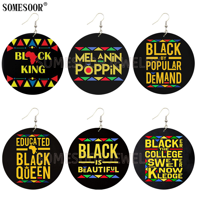 

SOMESOOR #Black Sayings King Queen Melanin Poppin Africa Map Wooden Drop Earrings Printed Wood Jewelry For Lady Gifts