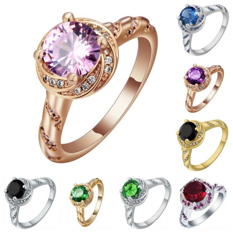 

Hainon fashion gold color ring with round green red purple CZ crystal flower elegant wedding birthday stones gift for women