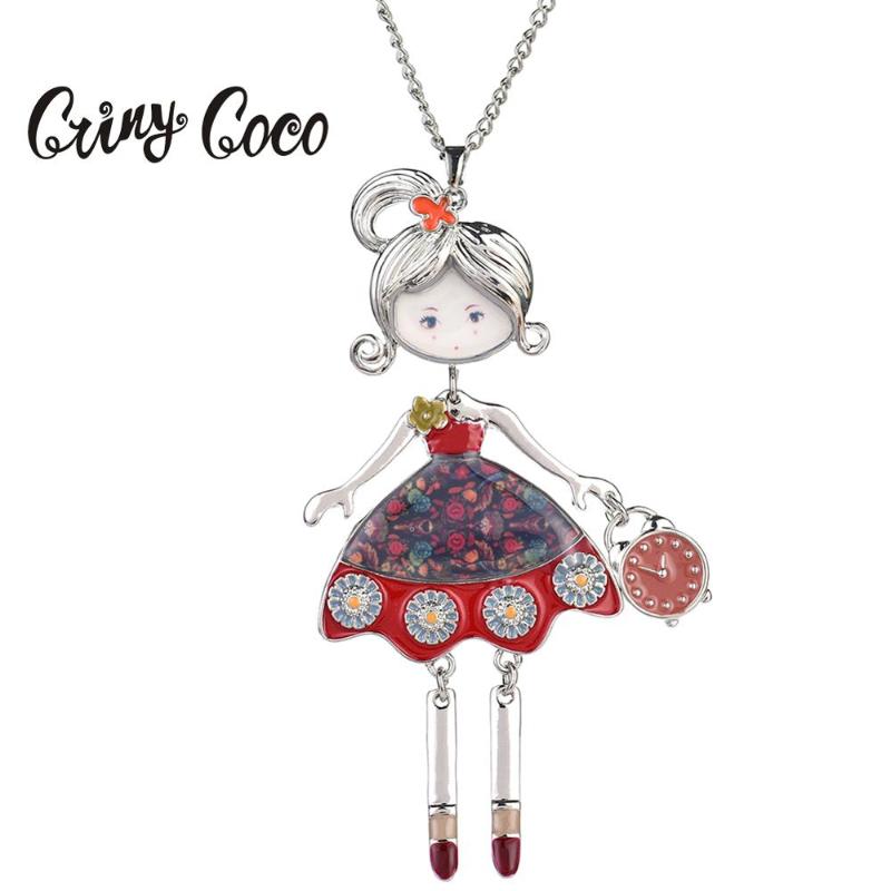 

Lovely Doll Pendant Red Enamel Silver Color Chains Trendy Alloy Metal Long Chain Necklaces Jewelry 2020 New Necklace for Women