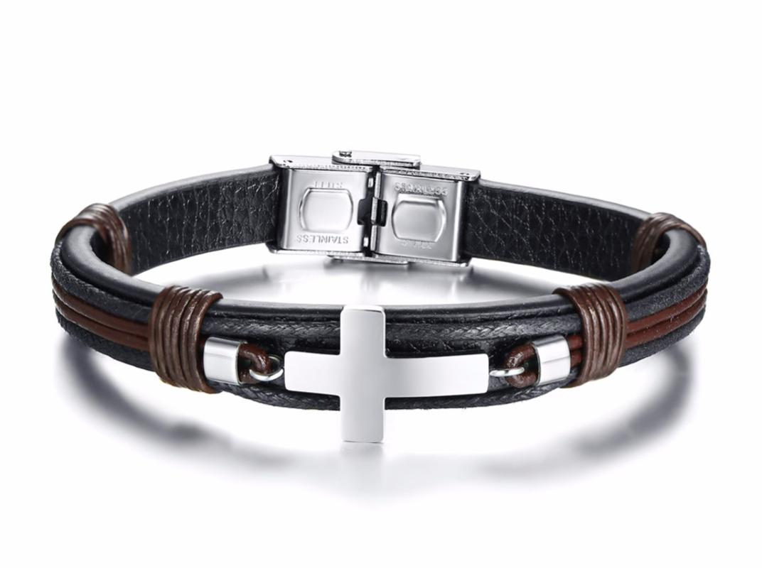 

Popular Jewelry Men's Cross Christian Jesus Bracelet Men Genuine Leather & Stainless Steel hand 21cm length