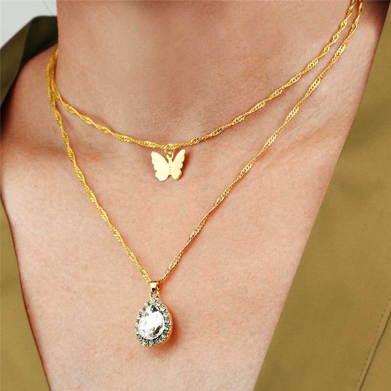 

Luokey Fashion Women Butterfly Choker Necklace Big Water Drop Crystal Pendant Necklace Charm Jewelry Simple Layer Collier Femme