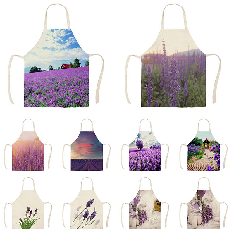

Linen lavender Lover Print Kitchen Aprons Unisex Dinner Party Cooking Bib Funny Pinafore Cleaning Apron WQG697