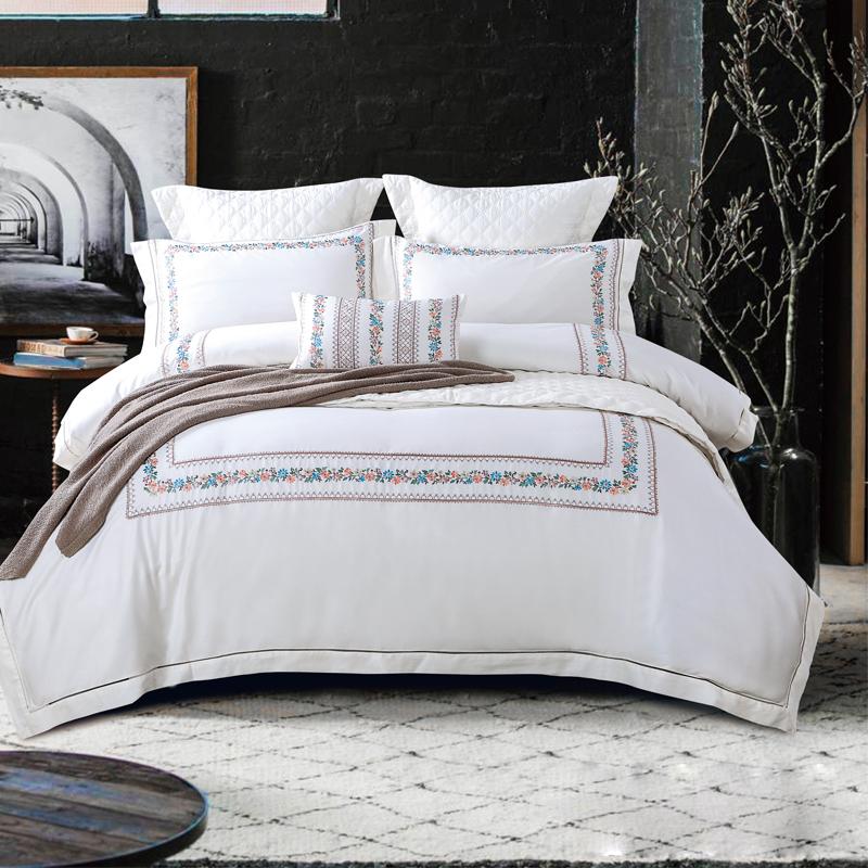 

Bedding Sets 34White Noble Elegant Embroidery 60S Long Staple Cotton Satin Set Duvet Cover Bed Linen Sheet Pillowcase King Queen