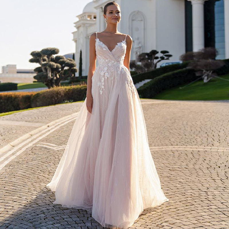 

Eightree Elegant Long Pink Wedding Dresses Beach Boho Spaghetti Straps Bride Dress Vestido Boho Lace Appliques Wedding Gowns, Same as image