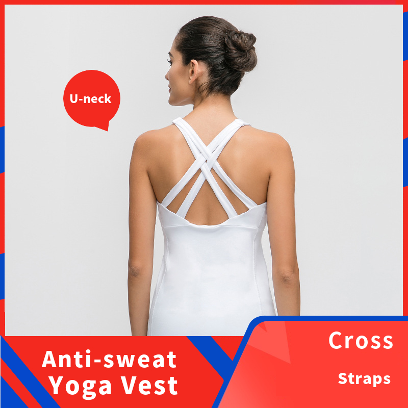 

Cross Straps U-neck Cotton Feel Dance Yoga Vest Women Anti-sweat Padded Fitness Workout Tank Tops with Chest Pads, Black