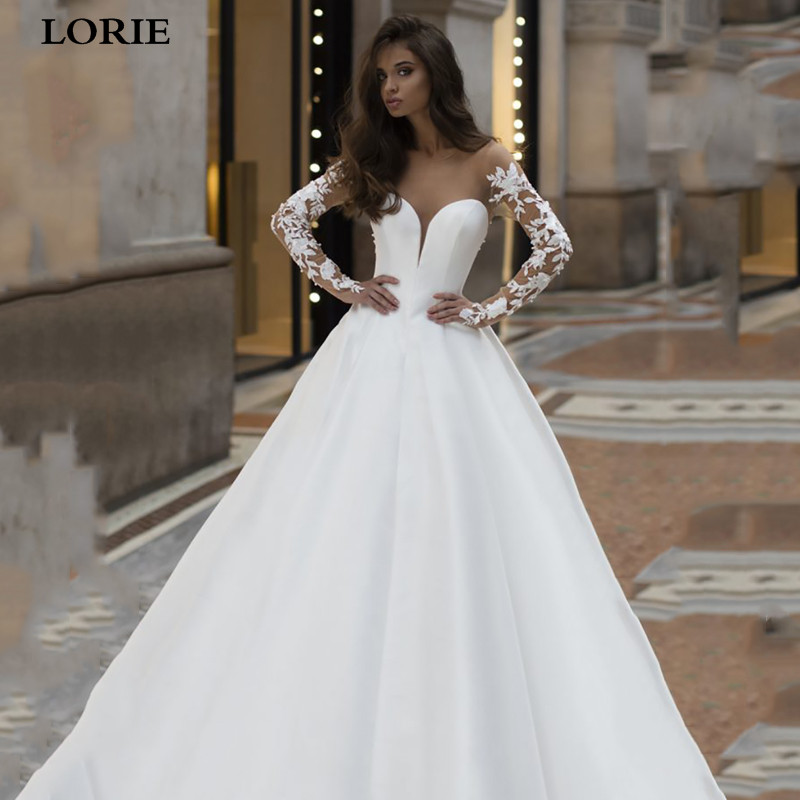 

LORIE Satin Wedding Dresses Long Sleeve Boho Lace Bride Dresses Buttons Back Princess Train Wedding Gown Vestido de novia, White