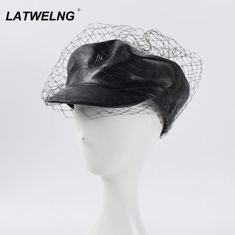

New Design Arty Cap With Veil Women Newsboy Cap Female Autumn Winter Soft Leather PU Hat Fashion Ladies Octagonal Hat, Black