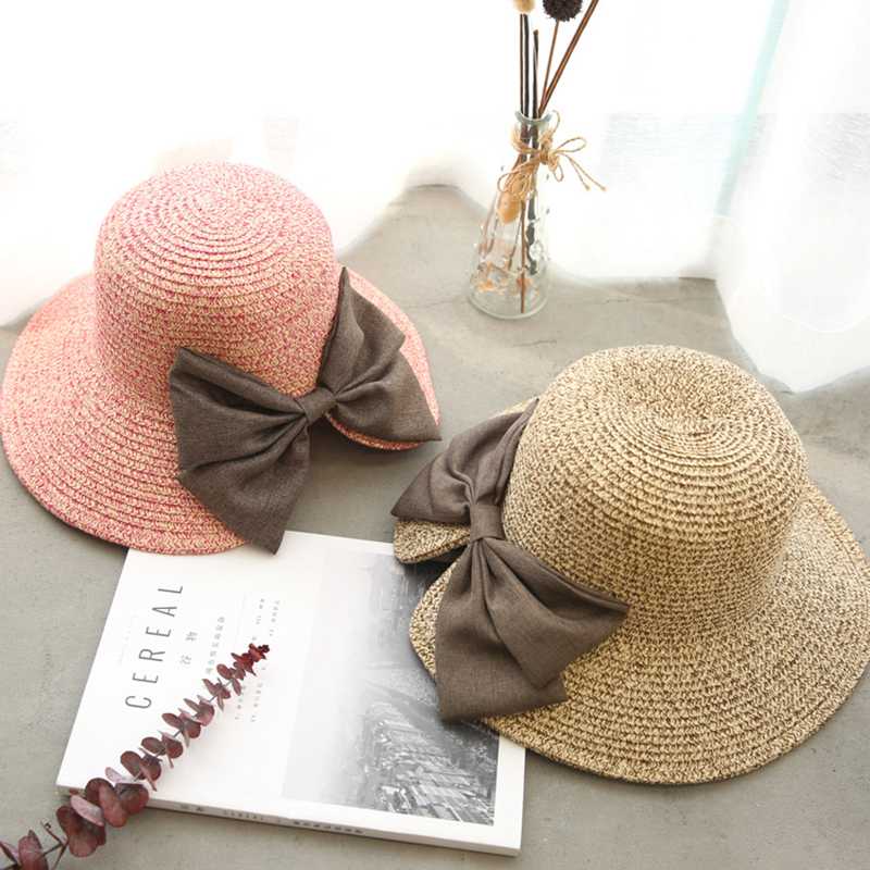 

Summer Big Bowknot Straw Hat Foldable Beach Hats for Women Ladies Travel Floppy Wide Brim Sun Cap, Beige